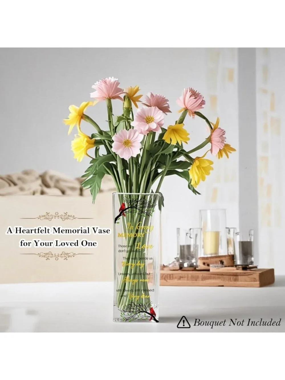 Sympathy Memorial Flowers Vase - Cardinal Grief Gift for Loss, Funeral Decor